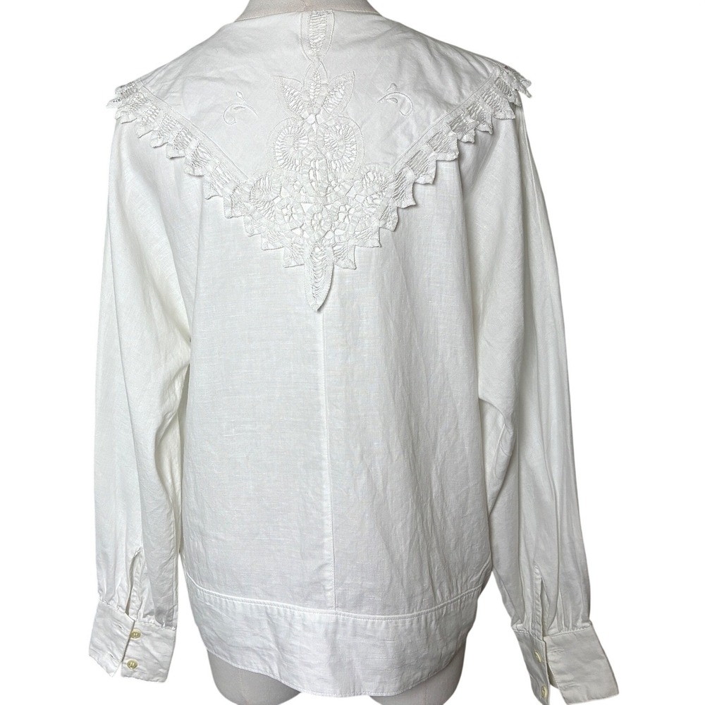 Vintage Paper White Embroidered Lace Open Front Linen Cotton Blouse Jacket 6 - Picture 3 of 12
